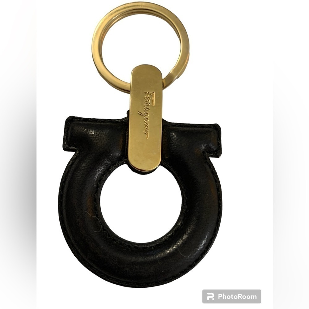 Salvatore Ferragamo Gancini Black & Gold Leather Key Chain - Preloved Condition